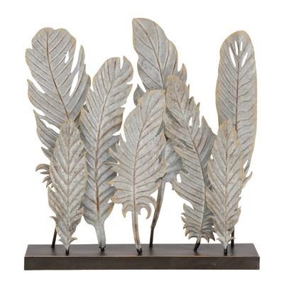 Gray Metal Distressed Feathers Sculpture with Base