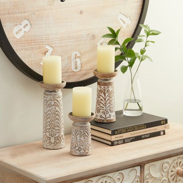 Kirkland's White Washed Wood Carved Candle Holders, Set of 3