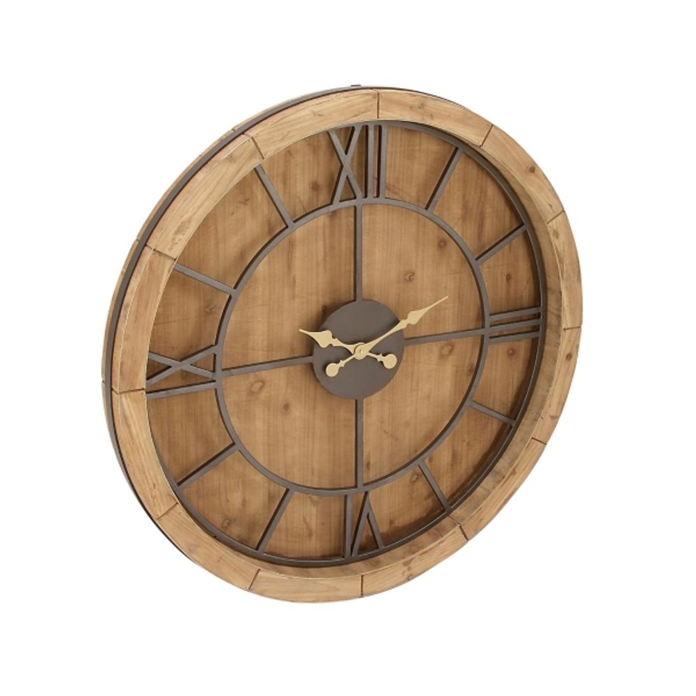 Brown Wood Frame Black Metal Cutout Wall Clock