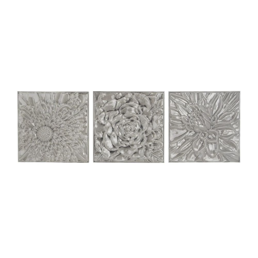 Glazed Gray Iron Carved Floral Plaques, Set of 3