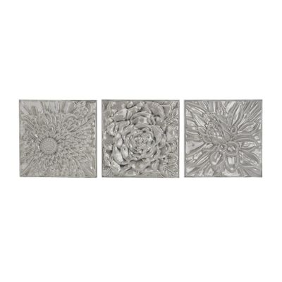 Glazed Gray Iron Carved Floral Plaques, Set of 3