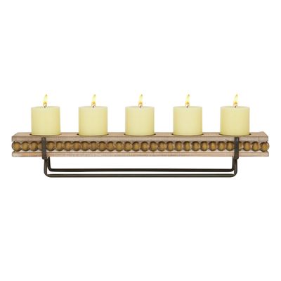 Brown Beaded Wood and Metal Base Candle Holder