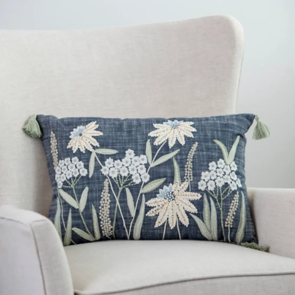 Denim Floral Embroidered Lumbar Throw Pillow