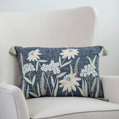 Denim Floral Embroidered Lumbar Throw Pillow