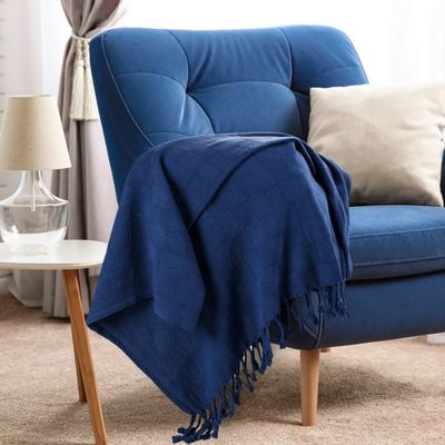 Navy Checkered Weave Fringe Throw