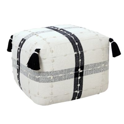 Black and Ivory Textured Plaid Pouf