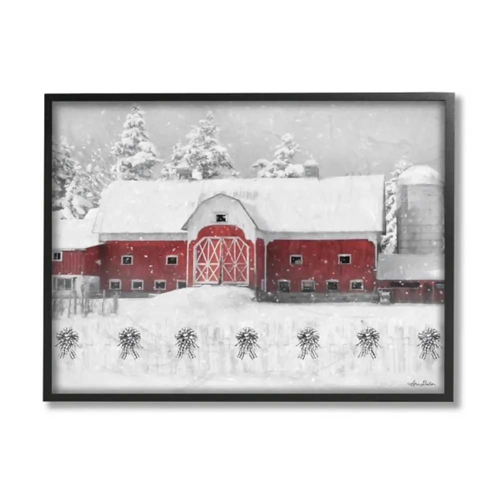 Red Barn Winter Scene Framed Canvas Art Print