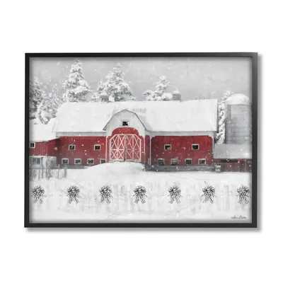 Red Barn Winter Scene Framed Canvas Art Print