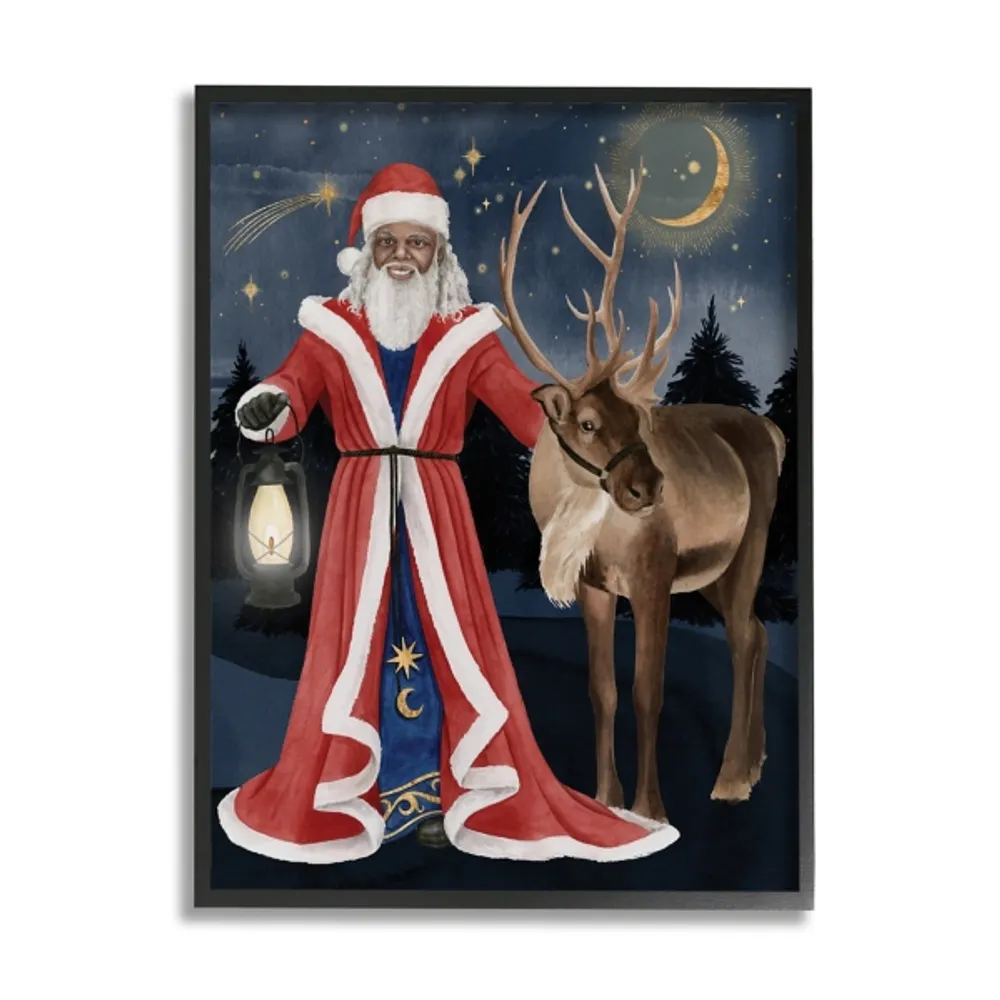 Santa Claus and Reindeer Framed Canvas Art Print