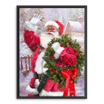 Waving Santa Wreath Framed Canvas Art Print