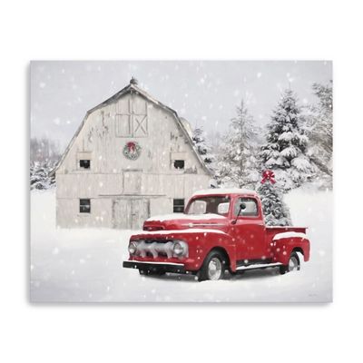 White Barn Red Truck Christmas Tree Canvas Print
