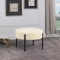 Cream Sherpa Upholstered Metal Ottoman