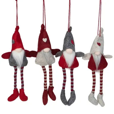 Red and Gray Long Legged Gnome Ornaments, Set of 4