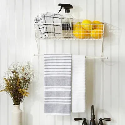 Antique White Wire Basket Towel Rack, 17 in.