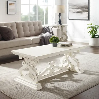 Distressed White Scrollwork Base Coffee Table