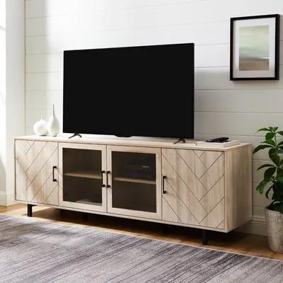 Birch Wood Herringbone 4-Door TV Stand