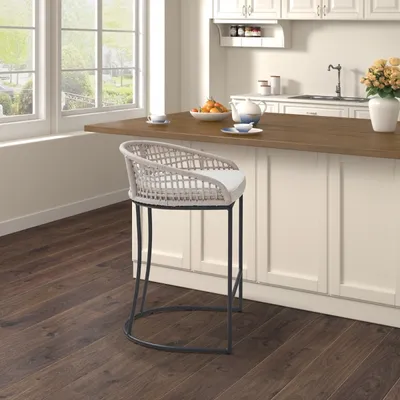 Rustic White Woven Rope Back Counter Stool