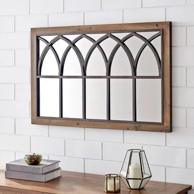 Brown Wood Frame Black Metal Arch Mirror