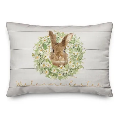 Welcome Easter Bunny Wreath Outdoor Throw Pillow