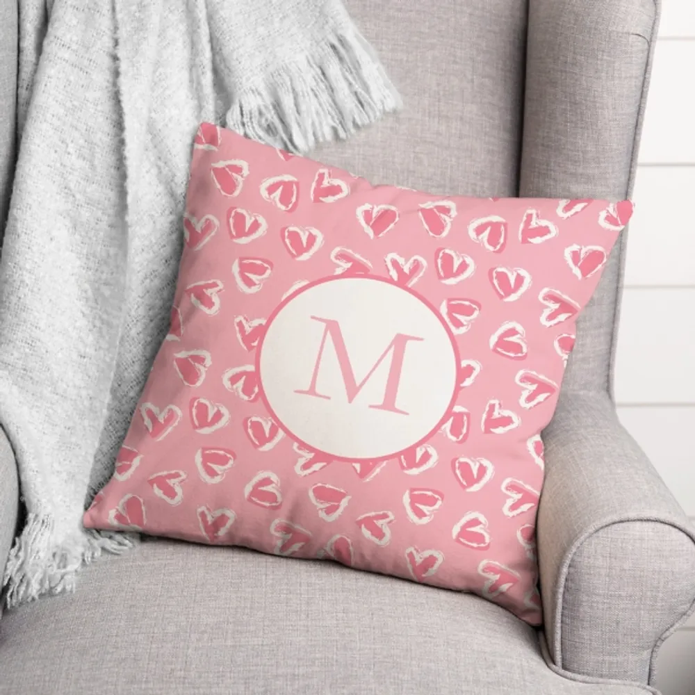 Pink Hearts Monogram Valentine's Throw Pillow