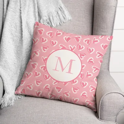 Pink Hearts Monogram Valentine's Throw Pillow