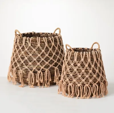 Brown Macrame Overlay Baskets, Set of 2