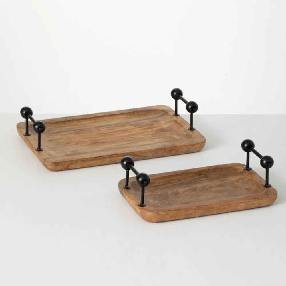 Rubberwood Black Handle Decorative Trays, Set of 2