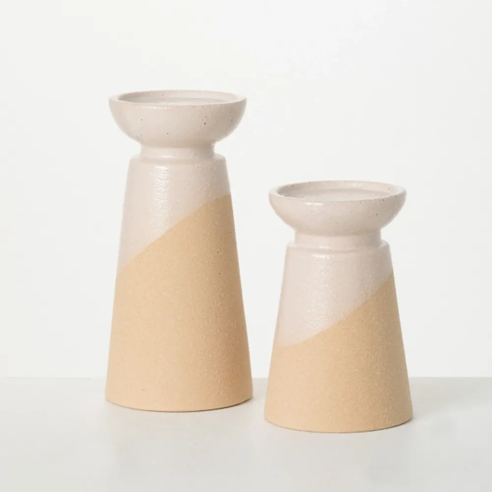 Two-Toned Cream Pillar Candle Holders, Set of 2