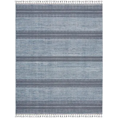 Charcoal and Blue Stripes Fringe Area Rug, 7x10