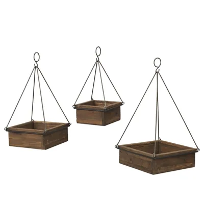 Brown Fir Wood Hanging Planter Boxes, Set of 3