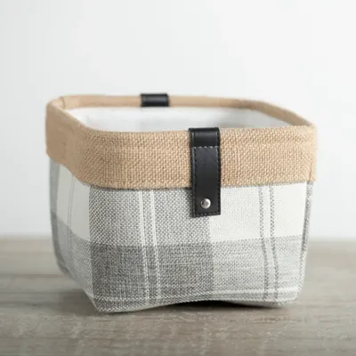 Mini Gray Plaid Bin with Leather Accent