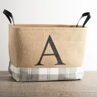 Monogrammed A Gray Plaid Leather Handle Jute Bin