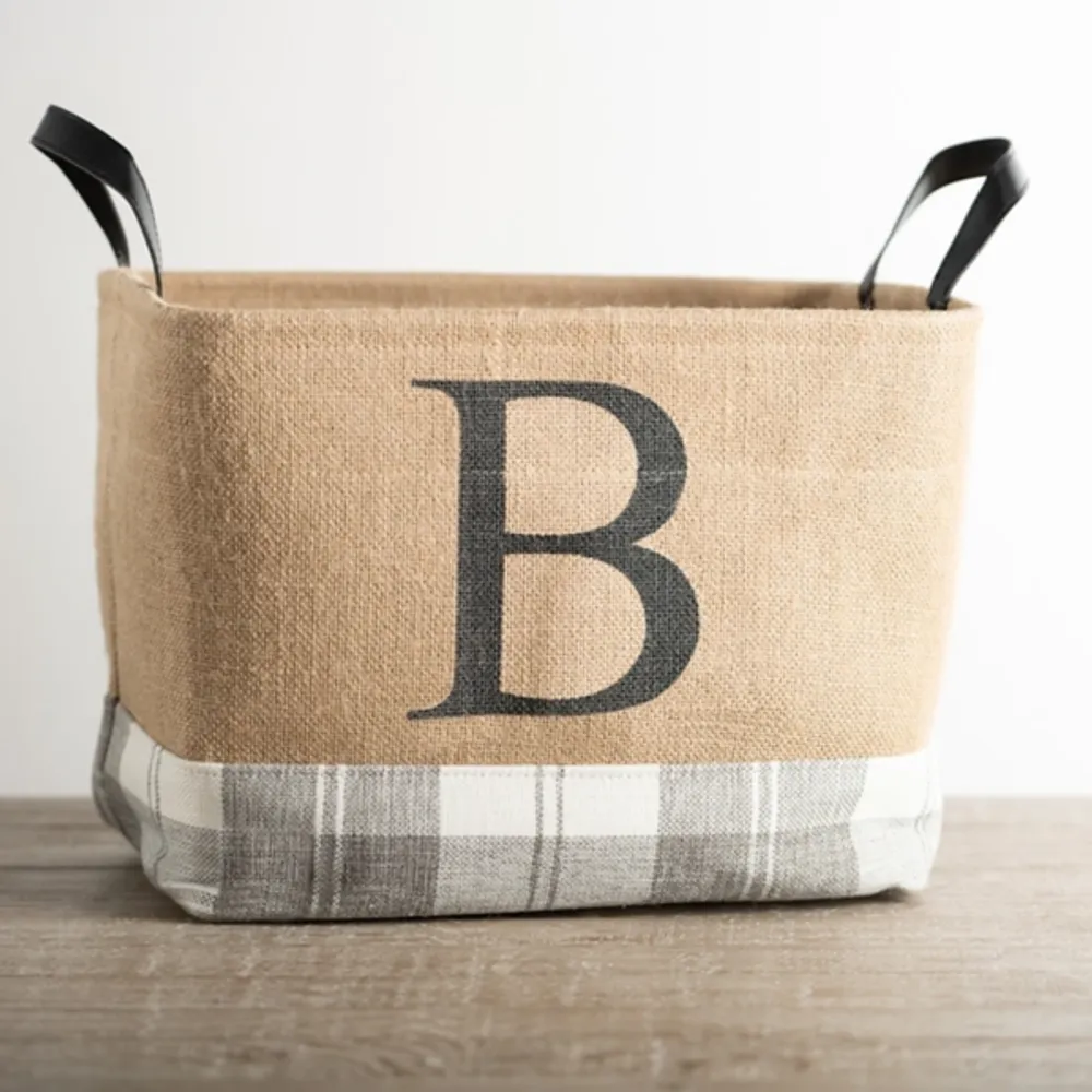 Monogrammed B Gray Plaid Leather Handle Jute Bin