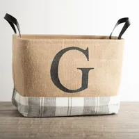 Monogrammed Gray Plaid Leather Handle Jute Bin