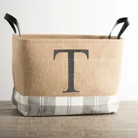 Monogrammed T Gray Plaid Leather Handle Jute Bin