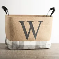 Monogrammed W Gray Plaid Leather Handle Jute Bin