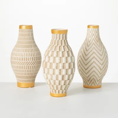 Cream and Gold Sculpted 3-pc. Decorative Vase Set