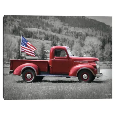 Red Pickup Truck with Flag Canvas Wall Plaque