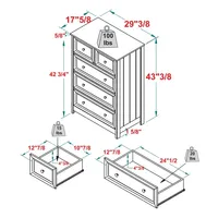 White Wood Five Framed Drawers Dresser