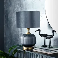 Glass Base Round Blue Velvet Shade Table Lamp