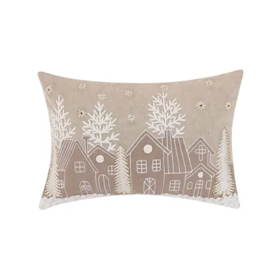 Embroidered Neutral Village Lumbar Pillow