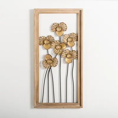 Wood Gold Metal Flowers II Wall Plaque