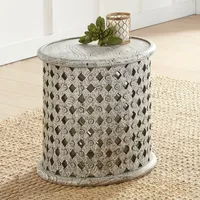 Round White Wood Lattice Accent Table