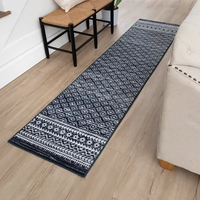 Midnight Ornamental Patterned Floor Runner, 2x8