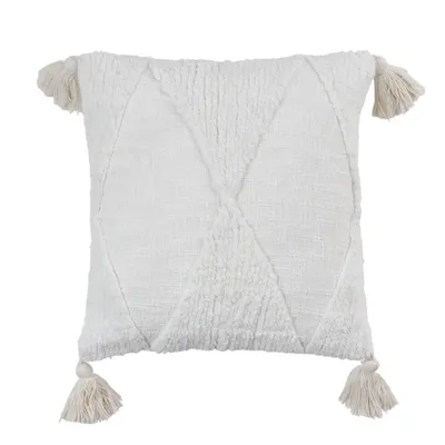 Tufted Diamond White with Tassels Throw Pillow