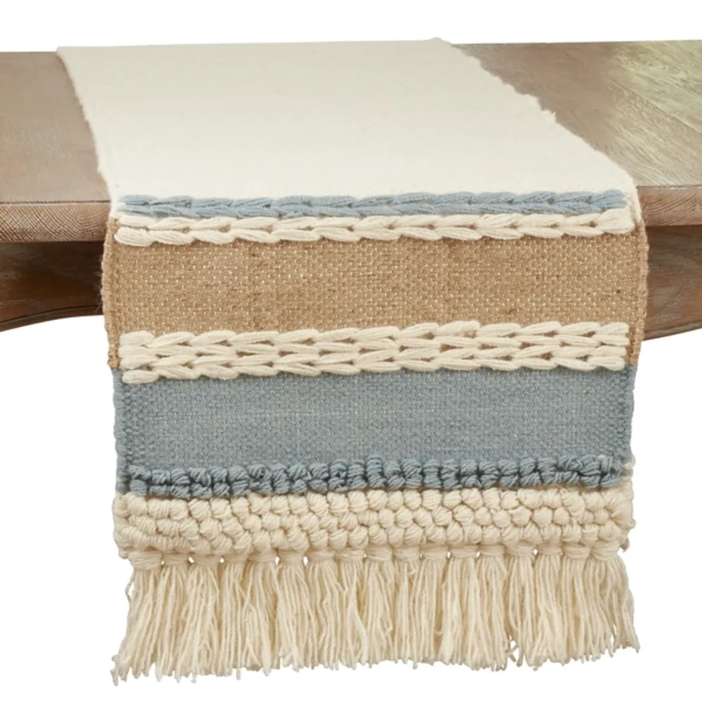 Boho Blue and Cream Woven Wool Table Runner