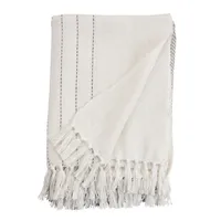 White and Gray Striped and Fringe Throw Blanket