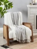 White and Gray Striped and Fringe Throw Blanket
