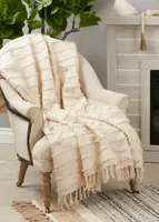 Natural Striped and Fringe Throw Blanket