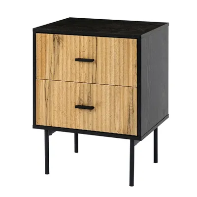 Black and Natural Wood 2-Drawer Nightstand